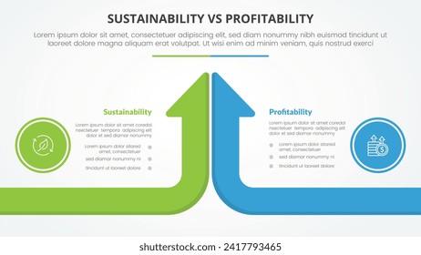 sustainability versus profitability comparison opposite infographic concept for slide presentation with long arrow bar top direction with flat style