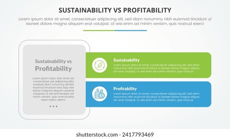 comparación de sostenibilidad frente a rentabilidad concepto de infografía opuesto para presentación de diapositivas con caja grande y forma rectangular larga con estilo plano