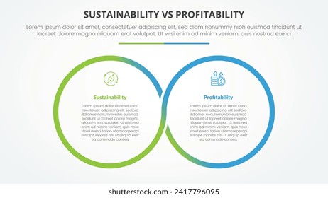 comparación de sostenibilidad frente a rentabilidad concepto de infografía opuesto para presentación de diapositivas con círculo de contorno grande circular con estilo plano