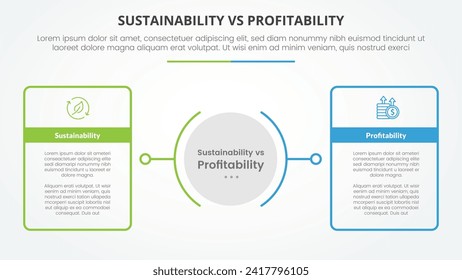 sustainability versus profitability comparison opposite infographic concept for slide presentation with big outline table box with circle center with flat style