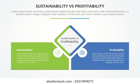 sustainability versus profitability comparison opposite infographic concept for slide presentation with diamond shape center with rectangle box bottom with flat style