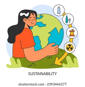 Sustainability. Woman embraces the Earth. Recycling and eco-friendly habits. Protecting our planet's future. Circular economy. Flat vector illustration.