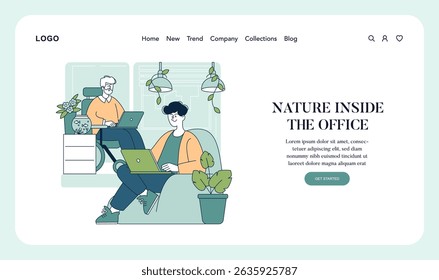 Sustainability in the workspace promotes a harmonious blend of nature and productivity. Features individuals working in a greener office, showcasing plants and natural elements for a balanced