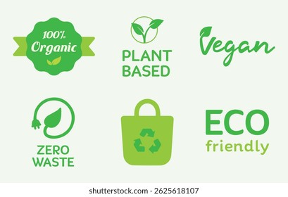Sustainability, zero plastic, environmental, recycling, green energy, ecological. Organic, renewable, zero waste. Vegan, plant-based. Illustration vector icon set