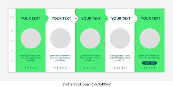 Sustainability-minded onboarding vector template. Eco-friendly retail. Responsive mobile website with icons. Web page walkthrough 5 step screens. Comprehensive guide color concept with copy space