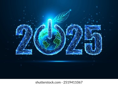 Nachhaltiges Neujahrskonzept 2025 mit 2025 Ziffern und grünem Planeten Erde im Betriebsschalter auf blauem Hintergrund. Öko-Innovation, erneuerbare Energien, Umweltauswirkungen. Glänzende Vektorgrafik