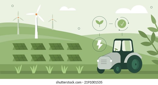 Granja agrícola sostenible con tractor eléctrico, molinos de viento y paneles de energía solar. Concepto de agricultura ecológica inteligente y tecnología agrícola. Ilustración vectorial.