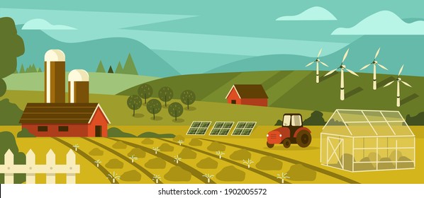 Sustainable Agricultural Farm and Garden with Plant Fields, Greenhouse, Windmills and Solar Energy Panels. Eco Farming and Agricultural Technology Concept. Flat Cartoon Vector Illustration.
