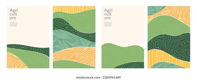 Sustainable agricultural landscape simple mosaic pattern. Grape plantation, terrace, rural hill. Patchwork, organic design. Eco brochure template, Japanese illustration, abstract green background