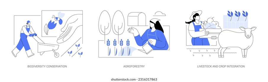 Sustainable agriculture abstract concept vector illustration set. Biodiversity conservation, agroforestry, growing trees and crops together, livestock and crop integration abstract metaphor.