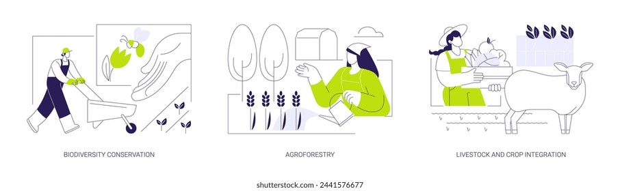 Sustainable agriculture abstract concept vector illustration set. Biodiversity conservation, agroforestry, growing trees and crops together, livestock and crop integration abstract metaphor.