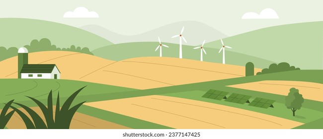 Sustainable agriculture concept. Agricultural field with modern green technology. Wind turbine and solar panels in farming. Vector illustration