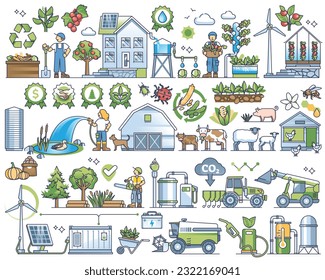 Sustainable agriculture and ecological farming outline collection set. Elements with green gardening, environmental and climate safe agribusiness vector illustration. Harvest crops and livestock.