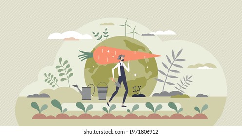 Sustainable Agriculture And Ecological Slow Food Growth Tiny Person Concept. Environmental Gardening With Clean Energy Resources Consumption For Biological Vegetables Farming Vector Illustration.