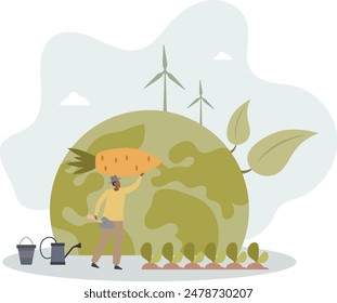 Sustainable agriculture and ecological slow food growth.Environmental gardening with clean energy resources consumption.flat illustration.