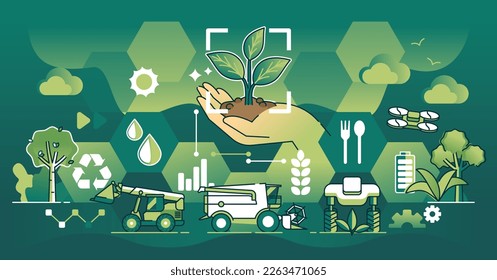 Agricultura sustentable y cosecha eficiente usando el concepto de esquema tecnológico. Consumo de recursos ecológicos con una efectiva ilustración vectorial de monitoreo de suelos y granos. Agricultura moderna e inteligente.