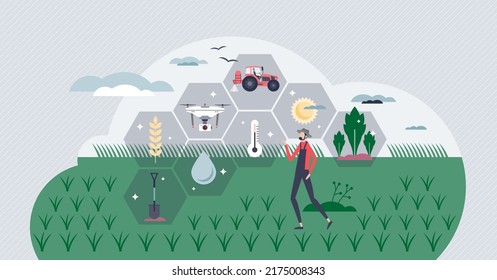 Sustainable agriculture with efficient modern approach tiny person concept. Environmental farming using high technology for soil temperature, humidity and growth process control vector illustration.