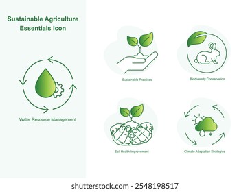 Ícones Essenciais Da Agricultura Sustentável", Práticas Sustentáveis, Conservação Da Biodiversidade, Melhoria Da Saúde Do Solo, Gestão Dos Recursos Hídricos, Estratégias De Adaptação Climática