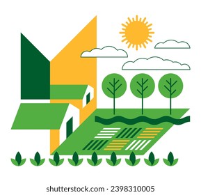 Sustainable Agriculture - future of Land Management. Conservation initiatives of land use. Decoration for visual aid in geometric and isometric style