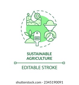 Sustainable agriculture green concept icon. Eco friendly farming. Soil health. Water management. Growing plants. Round shape line illustration. Abstract idea. Graphic design. Easy to use