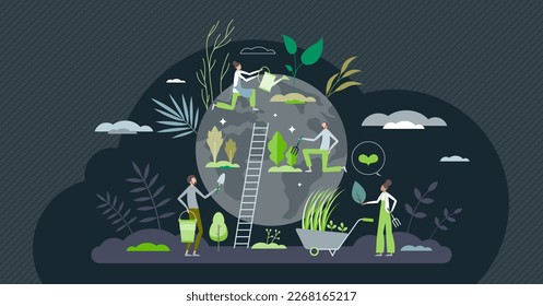 Sustainable agriculture with green and ecological farming tiny person concept. Water and soil resources conservation with regenerative plant growing vector illustration. Environmental food growth.