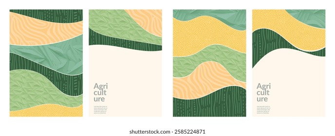 Sustainable agriculture with green geometric pattern and abstract illustration of Korea’s farmland. Organic farming flat vector art design, nature, agro landscape. Eco-friendly poster, invite, layout