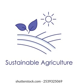 Sustainable Agriculture Icon – Field with Sun and Leaf Symbolizing Eco-Friendly Farming.