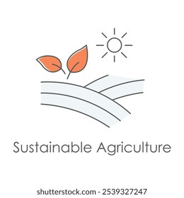 Sustainable Agriculture Icon – Field with Sun and Leaf Symbolizing Eco-Friendly Farming.