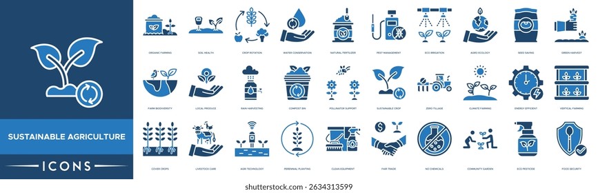 Sustainable Agriculture Icon set. Organic Farming, Soil Health, Crop Rotation, Water Conservation, Natural Fertilizer, Pest Management, Eco Irrigation and Agro Ecology