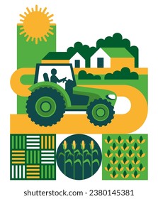 Sustainable Agriculture innovations and Land Use Management. Conservation initiatives of land use - decoration of report with fields and tractor