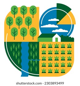 Sustainable Agriculture Pattern - future of Land Management. Conservation initiatives of land use. Decoration for presentation 