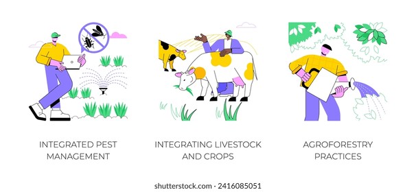 Sustainable agriculture plant cultivation isolated cartoon vector illustrations set. Integrated pest management, integrating livestock and crops, agroforestry practices vector cartoon.