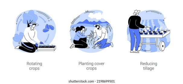 Sustainable agriculture practices isolated cartoon vector illustrations set. Rotating and planting cover crops, reducing tillage for soil protection, organic farming industry vector cartoon.