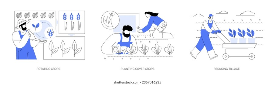 Sustainable agriculture practices isolated cartoon vector illustrations set. Rotating and planting cover crops, reducing tillage for soil protection, organic farming industry vector cartoon.