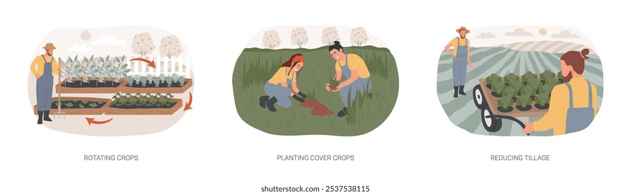 Sustainable agriculture practices isolated cartoon vector illustrations set. Rotating and planting cover crops, reducing tillage for soil protection, organic farming industry vector cartoon.