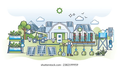 Sustainable agriculture with solar panel electricity and water automation outline concept. Smart resource usage and rain water collection for usage in crops and vegetables growth vector illustration.