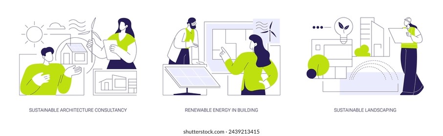 Sustainable architecture abstract concept vector illustration set. Sustainable architecture consultancy, renewable energy in property building, eco-friendly landscaping abstract metaphor.