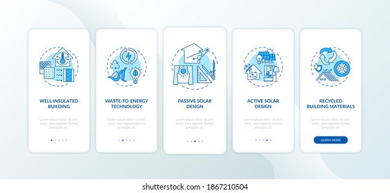 Sustainable architecture blue onboarding mobile app page screen with concepts. Green smart house walkthrough 5 steps graphic instructions. UI vector template with RGB color illustrations