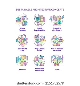 Sustainable architecture concept icons set. Ecological city theory idea thin line color illustrations. Natural resources. Isolated symbols. Editable stroke. Roboto-Medium, Myriad Pro-Bold fonts used