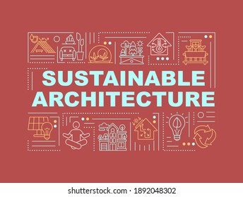 Sustainable architecture and construction word concepts banner. Energy efficiency in house. Infographics with linear icons on red background. Isolated typography. Vector outline RGB color illustration