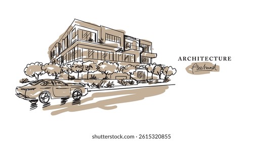 Sustainable architecture design freehand drawing, Sketch Hand drawn Drawing design.