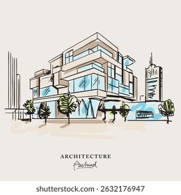 Sustainable architecture design freehand drawing, Sketch Hand drawn Drawing design.