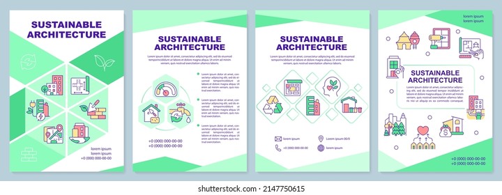 Sustainable architecture green brochure template. Protect environment. Leaflet design with linear icons. 4 vector layouts for presentation, annual reports. Arial-Black, Myriad Pro-Regular fonts used