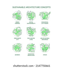 Sustainable architecture green concept icons set. Ecological city theory idea thin line color illustrations. Isolated symbols. Editable stroke. Roboto-Medium, Myriad Pro-Bold fonts used