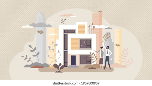 Sustainable architecture as modern ecological buildings tiny person concept. Nature protection with green houses and modern city development vector illustration. Alternative energy powered real estate