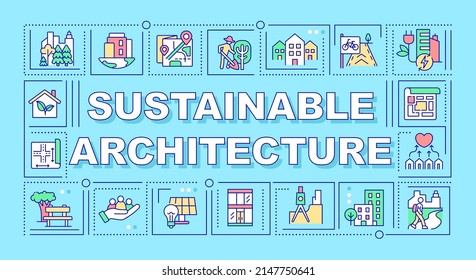 Sustainable architecture word concepts turquoise banner. Renewable energy. Infographics with icons on color background. Isolated typography. Vector illustration with text. Arial-Black font used