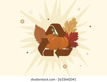 Sustainable Autumn Recycling Concept with Pumpkin. Eco-friendly recycling symbol with orange pumpkin. Eco-friendly autumn season. Sustainable halloween. Flat style. Vector illustration