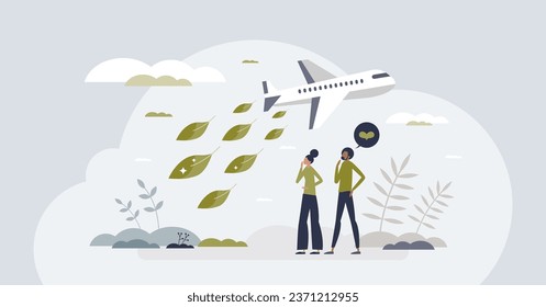 Combustible de aviación sustentable para el concepto de diminuta persona de potencia de aviones verdes. Plano con energía ambiental y respetuosa con la naturaleza para la ilustración vectorial de motores. Emisiones netas cero para los aviones de línea aérea futuros.