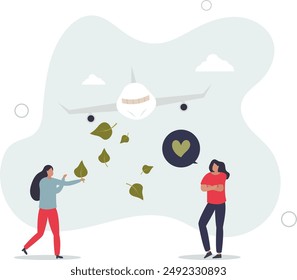 Sustainable aviation fuel for green aircraft power.Plane with environmental and nature friendly energy for engines.flat design.illustration with people.