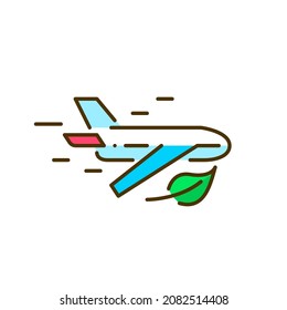 Sustainable Aviation Fuel Icon. Airplane Flying With Green Leaves. Pixel Perfect, Editable Stroke Colorful Icon